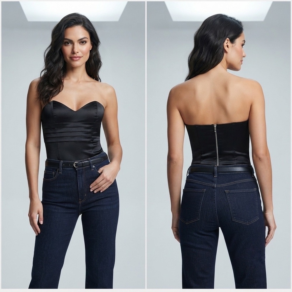 Guess Womens Black Satin Strapless Corset Bodice Thong Bodysuit Large